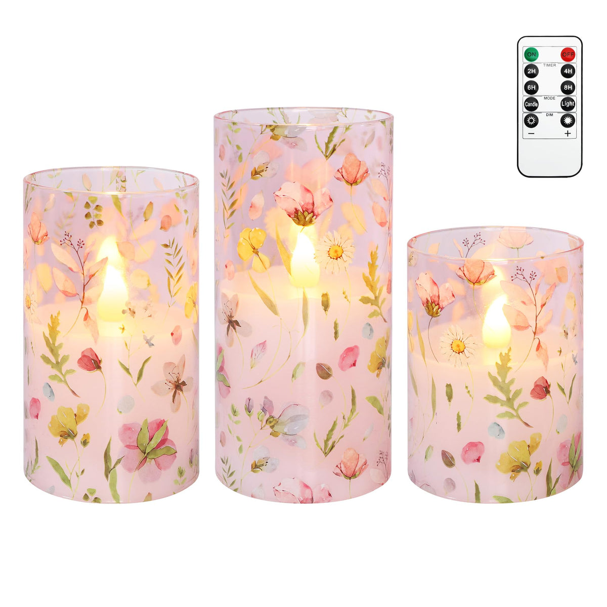 Silverstro Pink Flameless Candles with Remote Timer, Glass Battery Operated Candles, Pink Flower Decals LED Candles for Home Party Wedding Mother's Day Thanksgiving Decor Set of 3