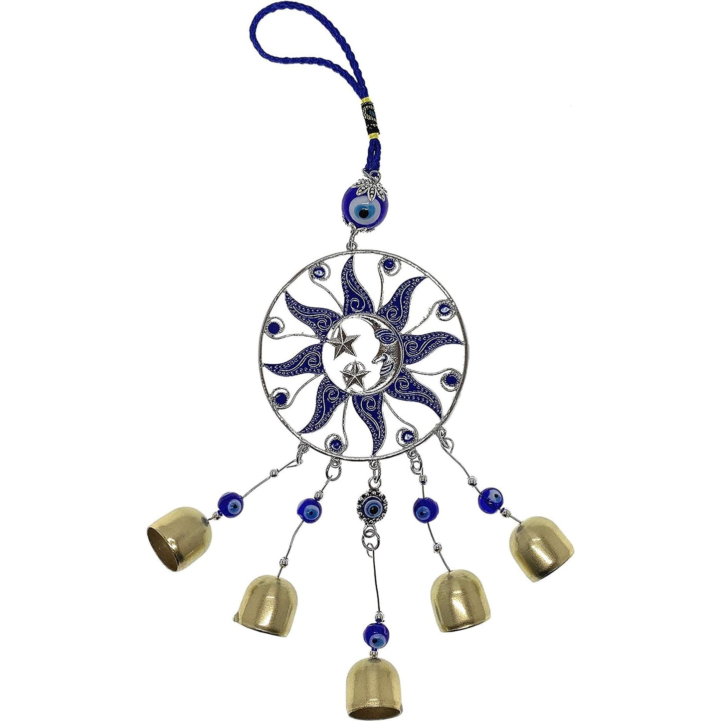 LUCKBOOSTIUM Sun, Moon & Star Ornament with Hanging Evil Eye and Bell - Protection, Blessing & Strength for Car Rear View Mirror, Home, Office Decor - Evil Eye Charm, Bell Car Mirror Hanging