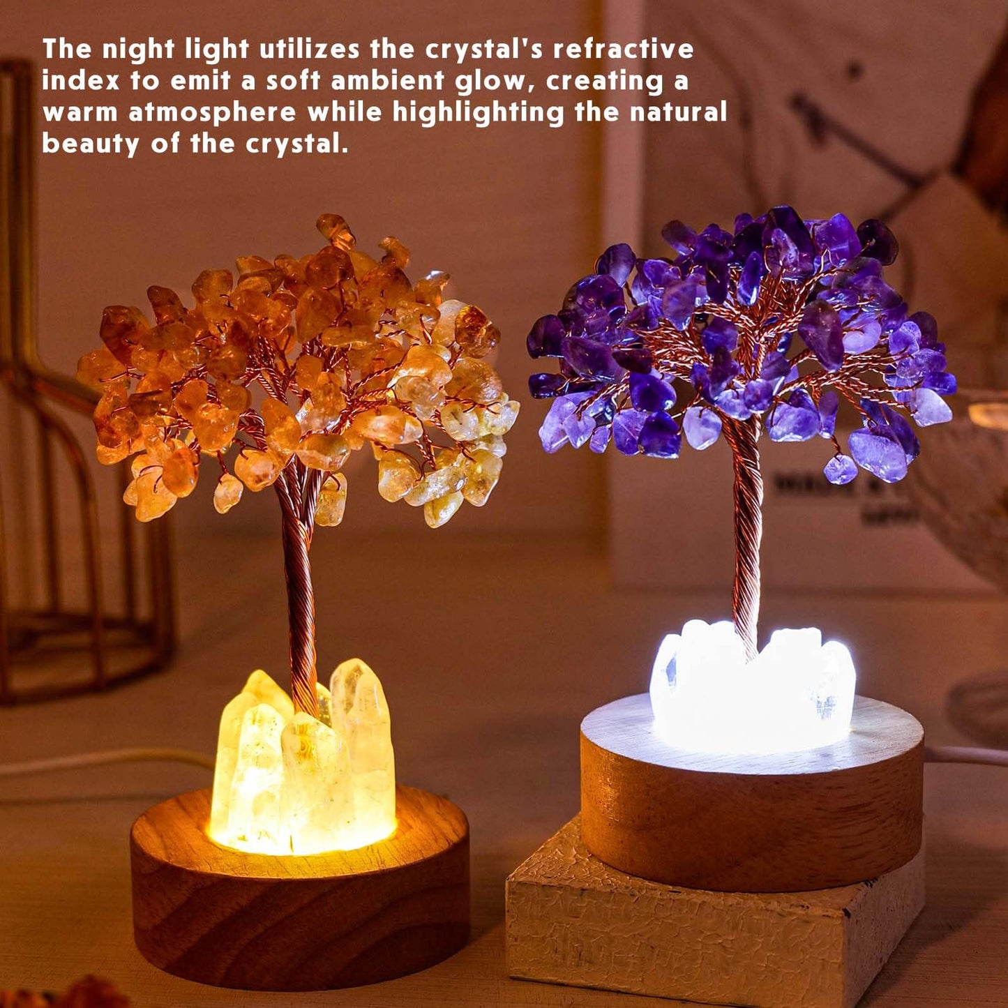 Runyangshi Runyanshi Citrine Money Tree Lamp - Abundance Crystal Night Light w/ 108 Natural Citrine Chips, Wood Base & USB Power, Manifestation Desk Decor for Wealth, Office, Gift