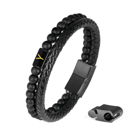Mens Leather Bracelet with Initial - Men Gift Matte Agate Bead Magnetic Clasp Black Leather Bracelets Mens Gifts Men Bracelets with Initial Y Bracelet for Men's Jewelry Men's Gifts for Dad Husband Him