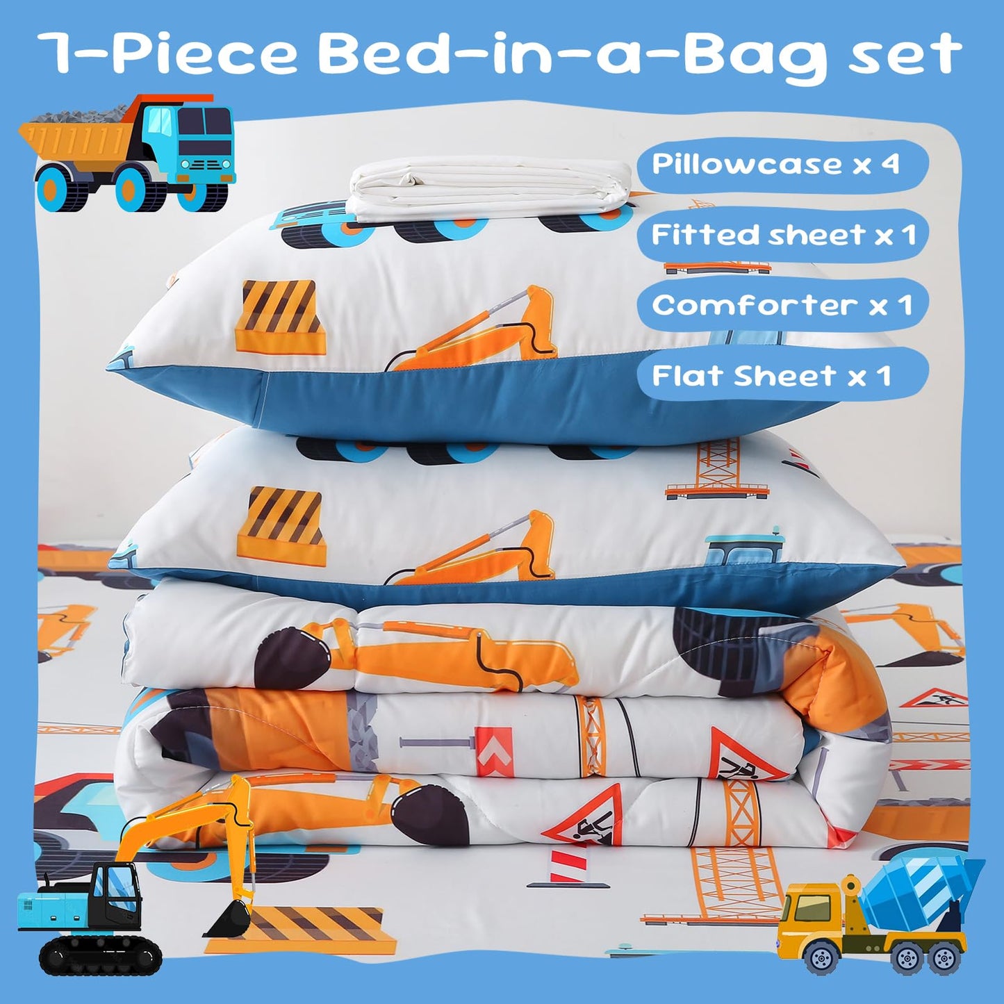 Jameswish 7 Pieces Boys Comforter Set Twin Size Excavator Bedding Set Cartoon Car Kids Bed in a Bag Construction Truck Bedding for Children Kids Boys Teens for Birthday Choice