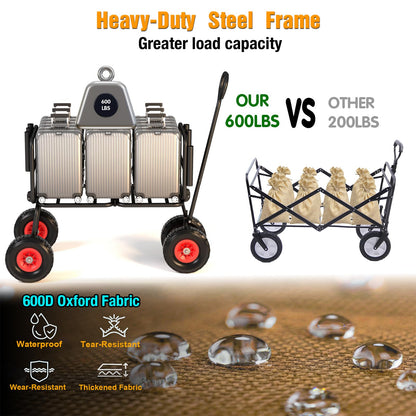 3 in 1 Beach Fishing Cart, Heavy Duty Garden Carts w/All Terrain Inflatable Tires, Folding Wagon Cart, Convert to Chair or Bench with Cushion, Rod Holders and Durable Oxford Bag