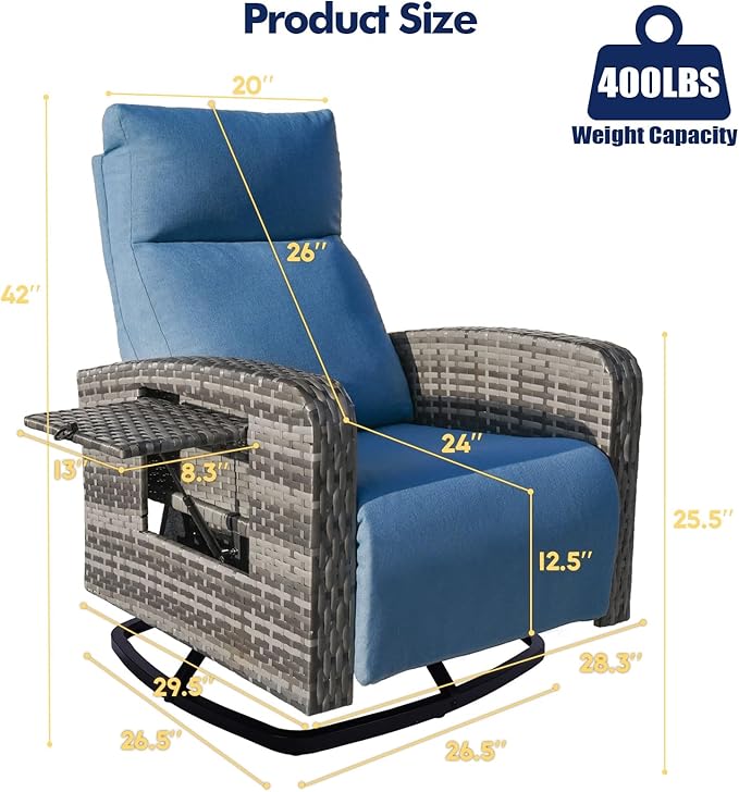 Outdoor Recliner Chair Set of 2, Wicker Patio Recliners with Adjustable Backrest and Extended Foot Rest, Reclining Patio Chairs with Flip Table & Removable Cushion Cover for Porch