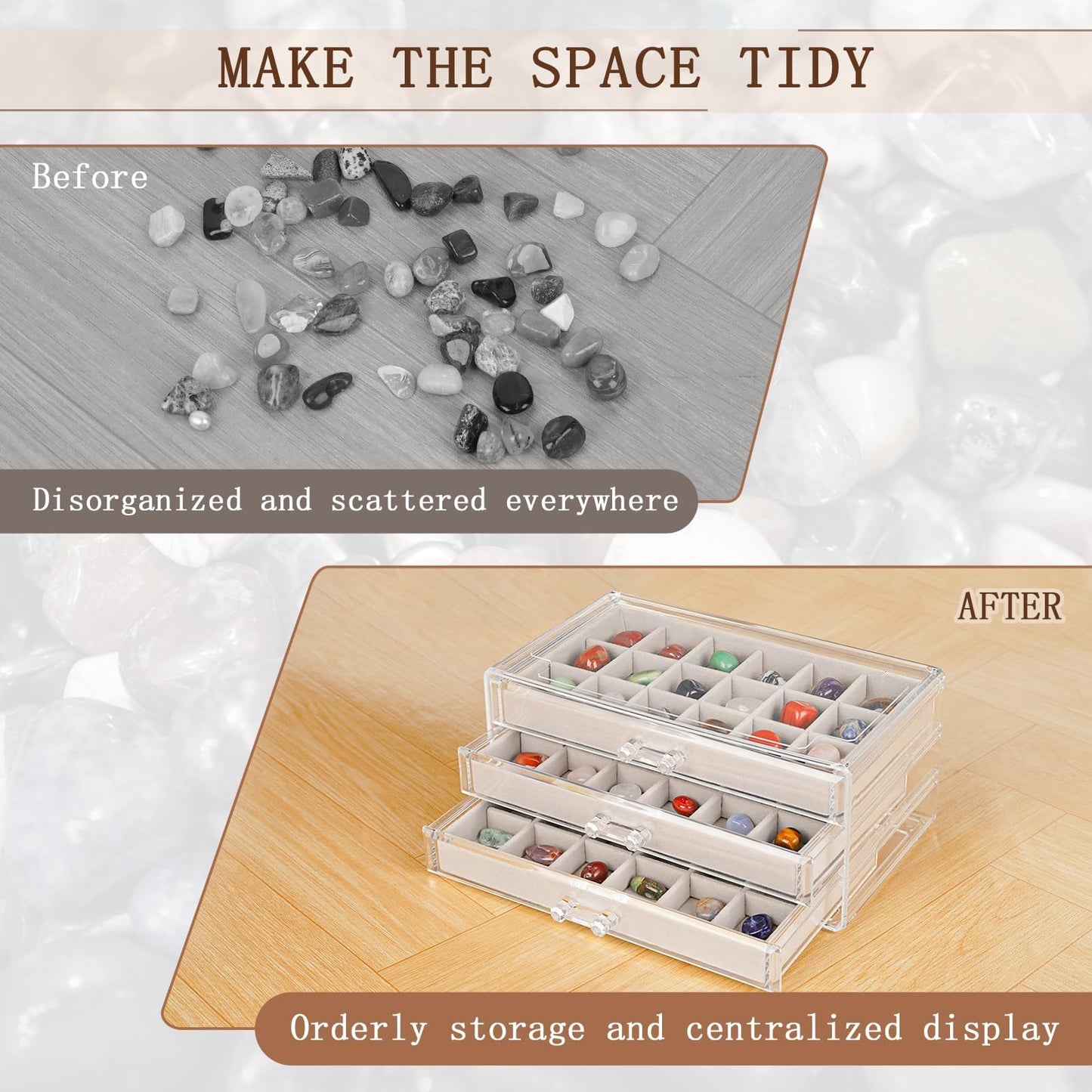 Bfttlity Acrylic Rock Display Case,54 Grids Rock Collection Box for Kids with Mini Magnifying Glass and Gloves, Clear Display Cases for Stones Collectibles Gemstone Crystals Storage Boxes