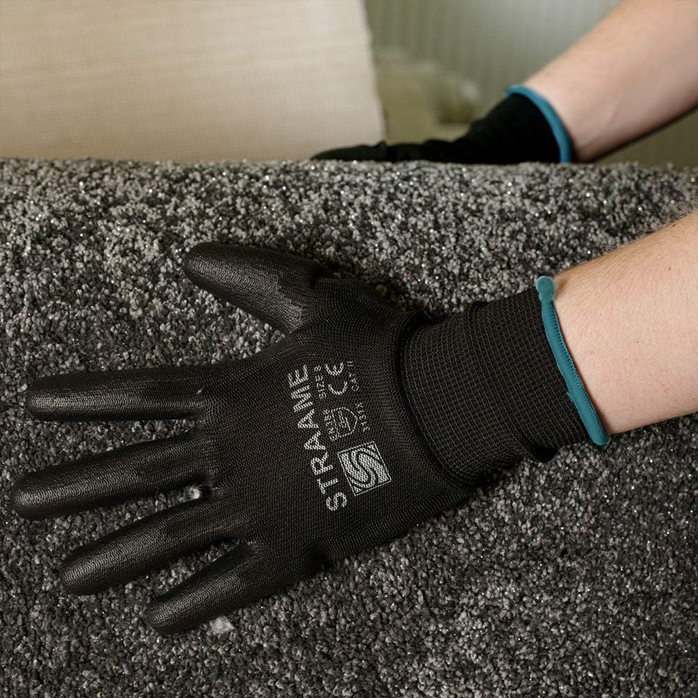 Straame Pack of 12 or 24 Black Safety Work Gloves, Outdoors PU and Nylon Non-Slip Work Handling Gloves, Good Dexterity Firm Grip Protective Working Gloves Size (Pack of 12 Pair's, M)