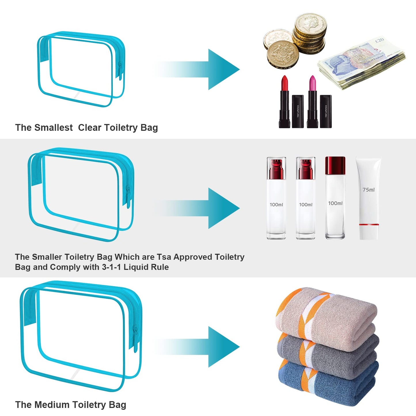 ANRUI Clear Toiletry Bag, 4 in 1 Travel Toiletry Bag, Large Capacity Waterproof and Leak-Proof Clear Makeup Bags, Airport Liquid Bag for Passing Through The Airport Security Quickly, Blue