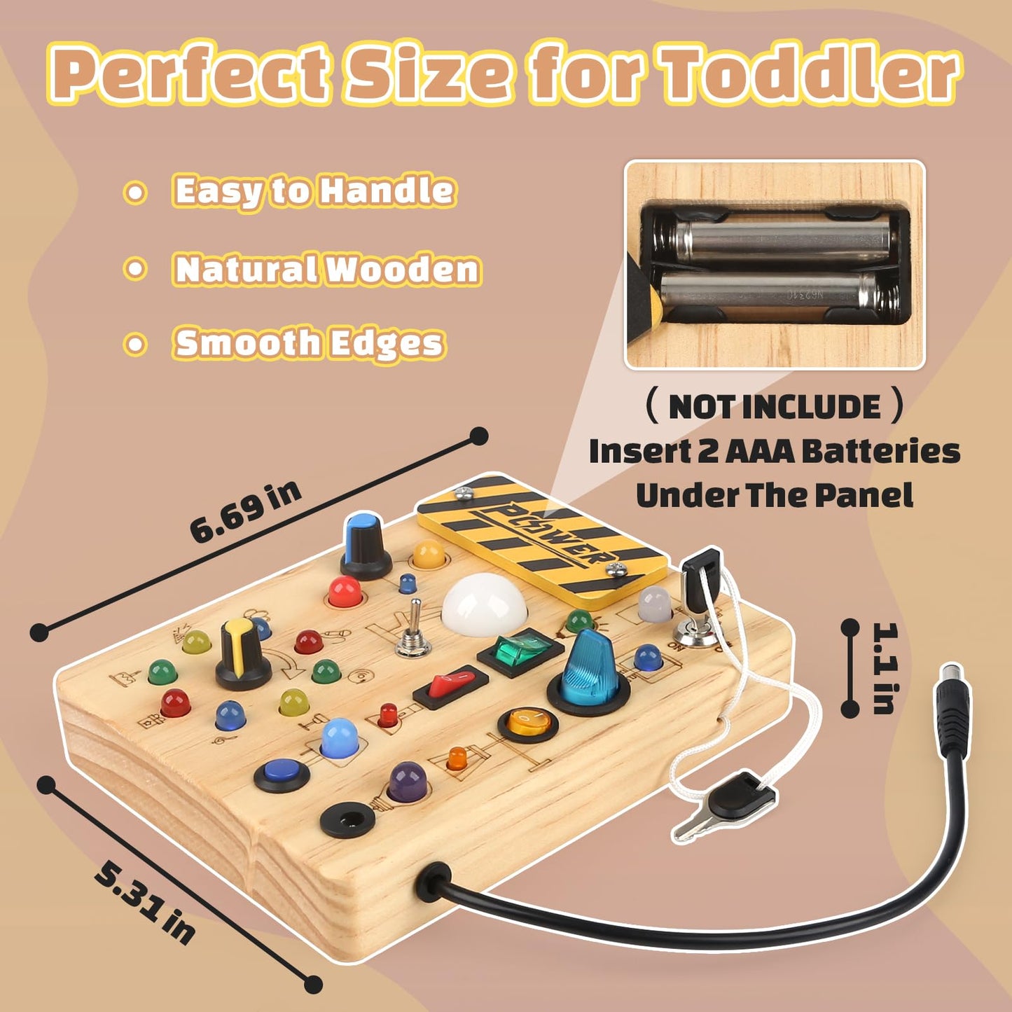Joyreal Montessori Busy Board 2 Year Old, Wooden Fidget Sensory Toy for Toddlers, Activity Board with 19 LED Lights, Educational Travel Toy for Boys Girls 2 3 4 Year Old