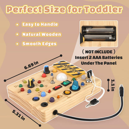 Joyreal Montessori Busy Board 2 Year Old, Wooden Fidget Sensory Toy for Toddlers, Activity Board with 19 LED Lights, Educational Travel Toy for Boys Girls 2 3 4 Year Old