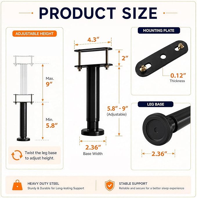 4Pcs Bed Frame Support Leg, Adjustable Height 5.8"-9", Extra Sturdy Steel Bed