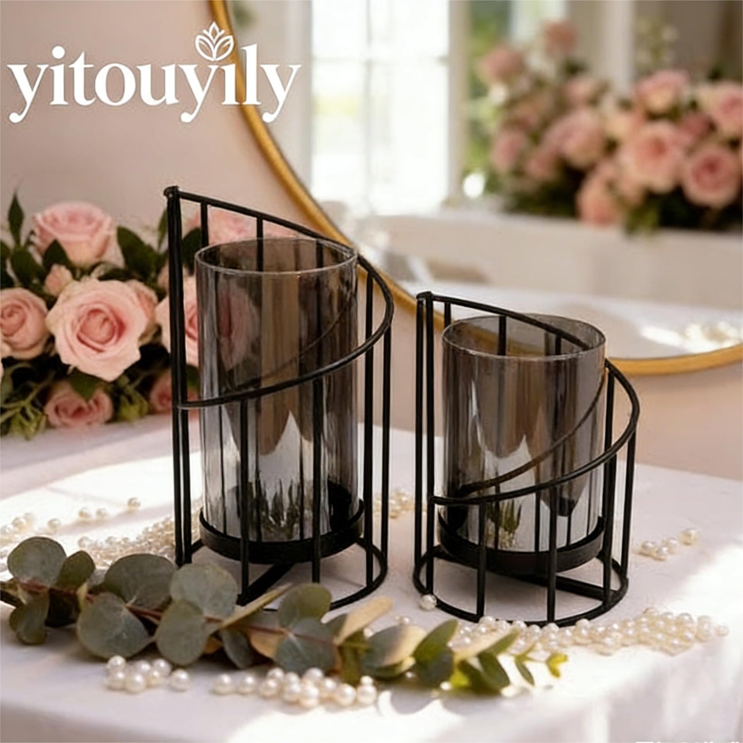 YIUTOYILY Black Hurricane Candle Holder, Black Candle Holders for Pillar Candles with Clear Glass Sleeve - Elegant Centerpiece for Weddings, Dinners, Party Decor