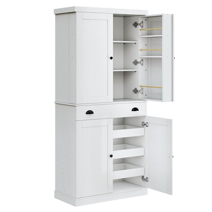 IRONCK Kitchen Pantry Cabinet 72" Height, Freestanding Cupboard with Drawer, Sliding Storage Rack, and 6 Hanging Shelves for Dining Room, Laundry, White