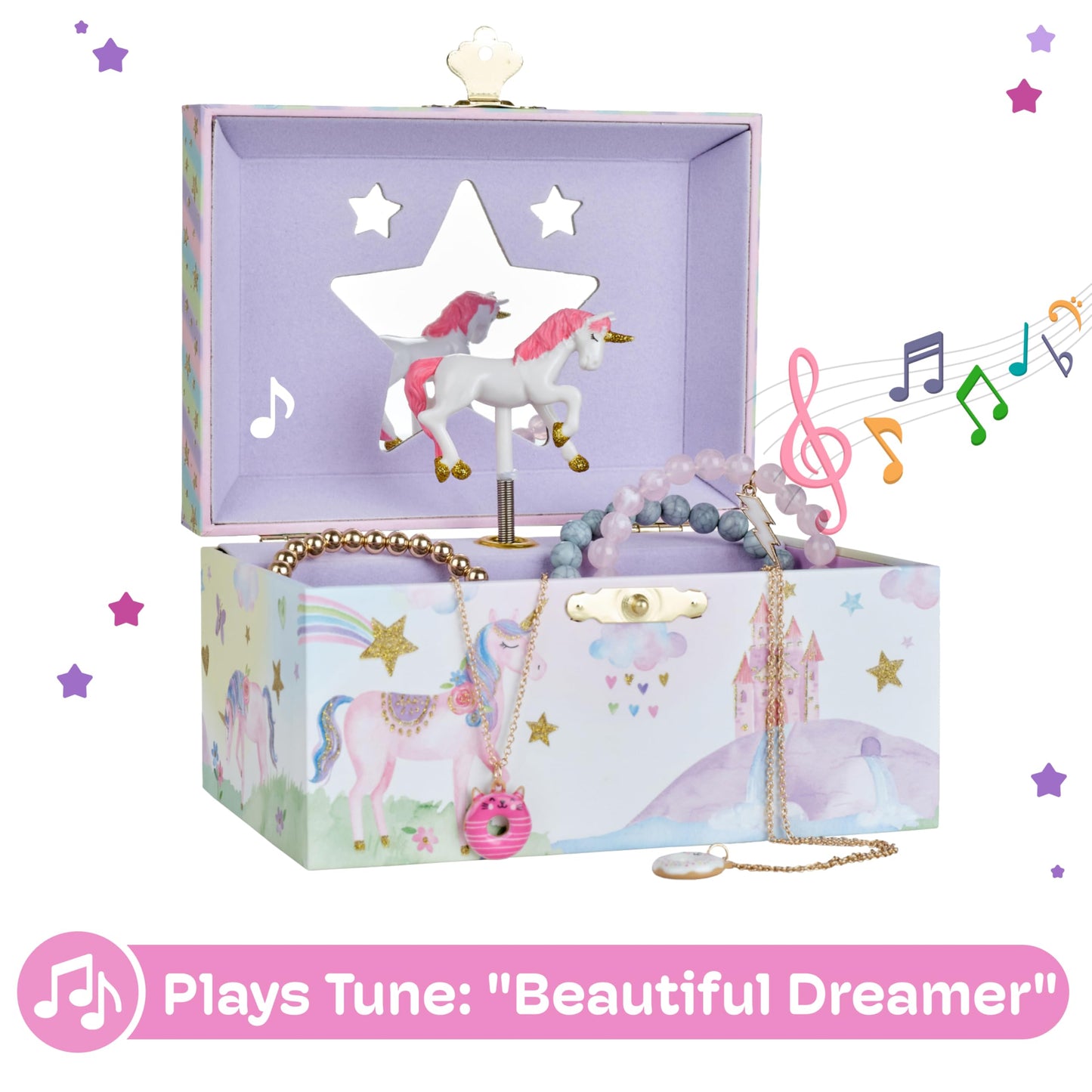 Jewelkeeper Girls Jewellery Box - Unicorn Music Box for Kids with Pullout Drawer, Pink Jewellery Organizer for Girls with Rainbow Design, Plays The Beautiful Dreamer Tune - 15x10.8x8.6 cm