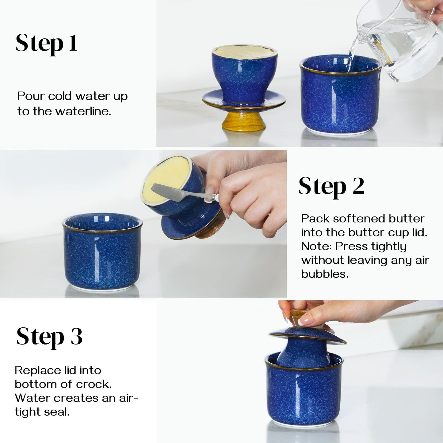 DOWAN French Butter Crock, Ceramic Dish With Lid for Countertop and Fridge, Keeper With Waterline, Flip-Top Container & Spreader, Reactive Glaze Holder, Blue