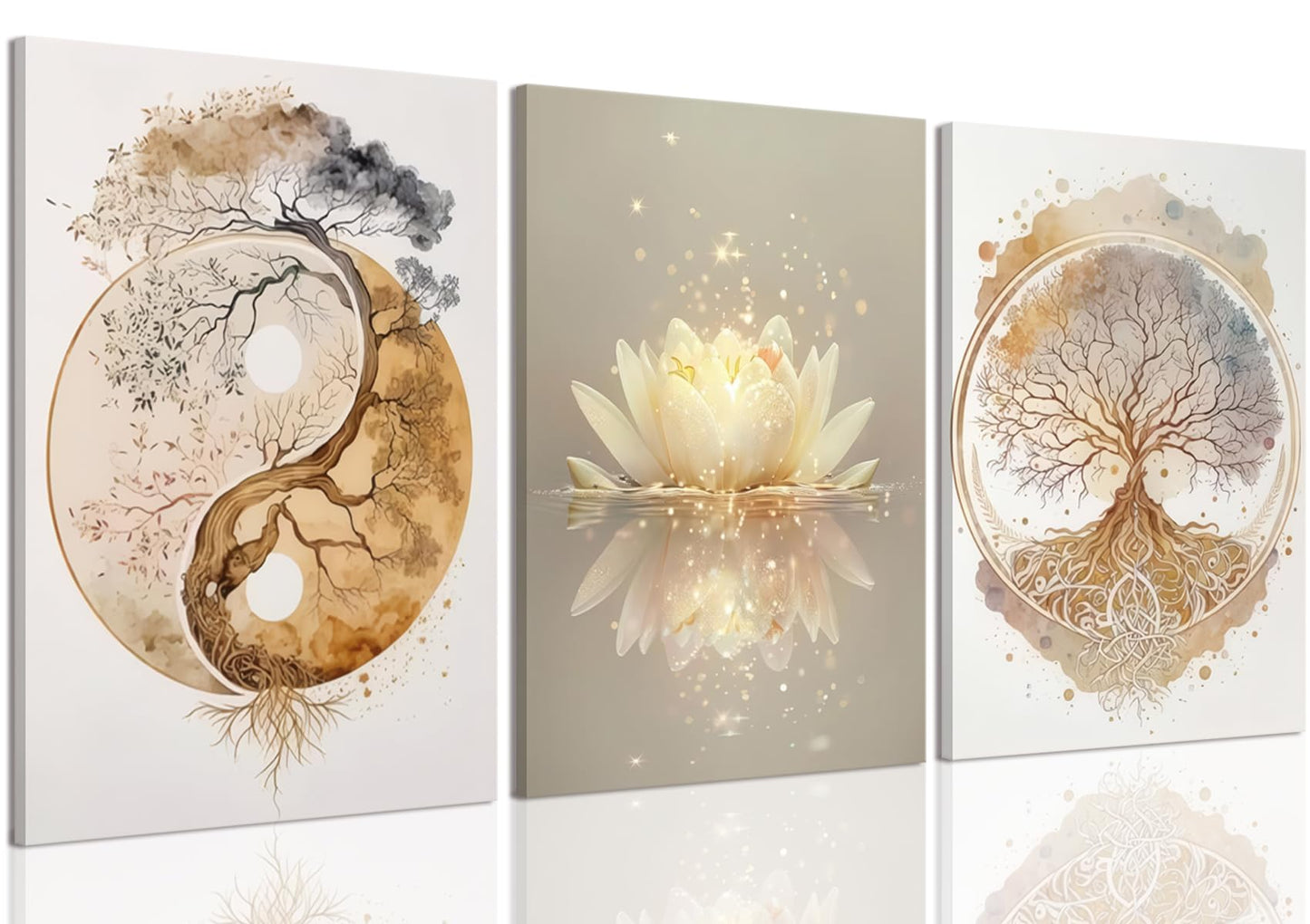Tree of Life Wall Art Canvas Framed Set of 3 Lotus Zen Wall Decor Painting Poster Abstract YinYang Fall Art Picture Print Artwork for Living Room Yoga Room Bedroom Home Decoration 12x16 inch