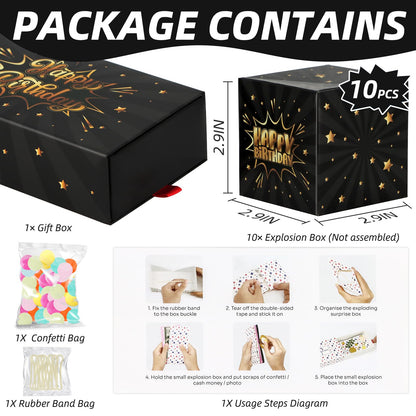 WenmthG Happy Birthday Surprise Gift Box Explosion for Money - DIY Pop Out Folding Bounce Explosion Gift Box with Confetti - Birthday Money Bank - Cash Gift Idea for Women Men Kids (Black Gold)