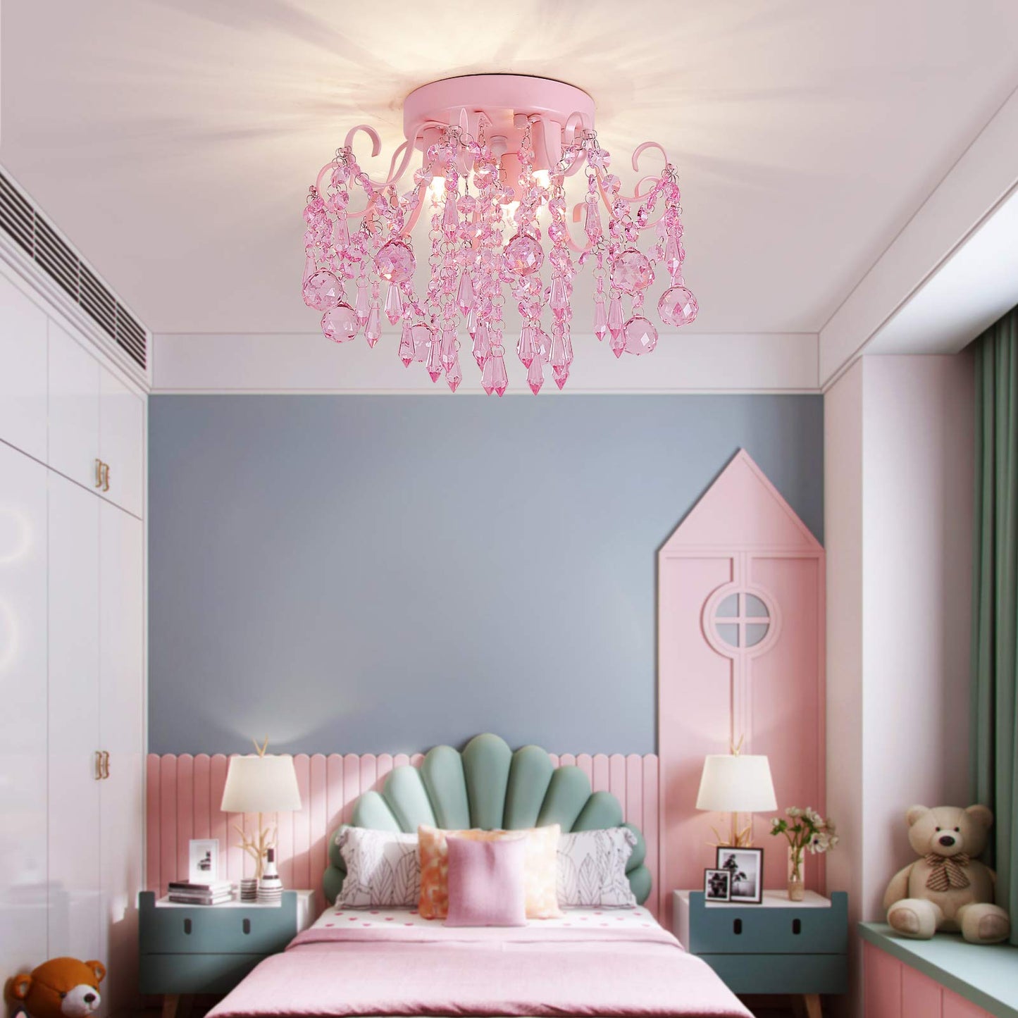 Q&S Mini Crystal Chandelier,Semi Flush Mount Pink Girl Chandelier, Small Crystal Ceiling Light Fixture Bedroom Bathroom Closet Nursery 3 Lights