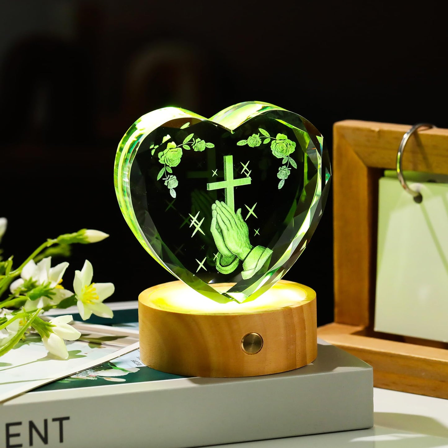 3D Cross with Praying Hands Crystal Heart Religious Gifts for Women Men - Glass Christian Gift Idea for Room with Wooden Light Base, Collectible Night Light for Catholic on Easter Home Decor