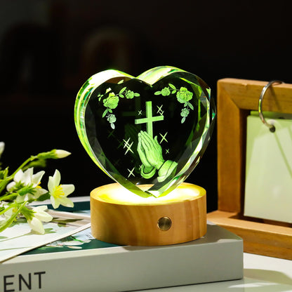 3D Cross with Praying Hands Crystal Heart Religious Gifts for Women Men - Glass Christian Gift Idea for Room with Wooden Light Base, Collectible Night Light for Catholic on Easter Home Decor