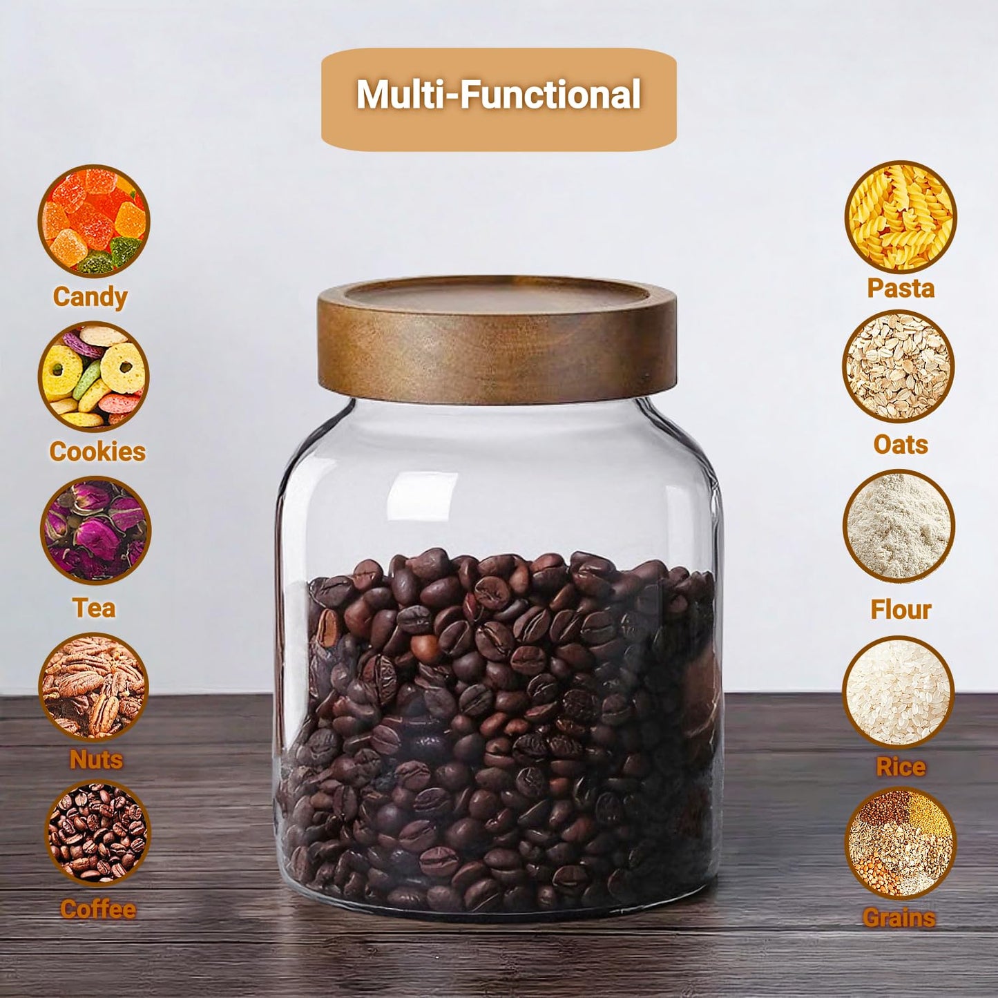 50 Fl oz/1500 ml Clear Glass Jar with Airtight Wooden Screw on Lid, Glass Pantry Canister for 500g Coffee Beans, Kitchen Food Storage Containers for Rice,Flour,Pasta,Sugar,Honey,Tea, Spice,Cereal