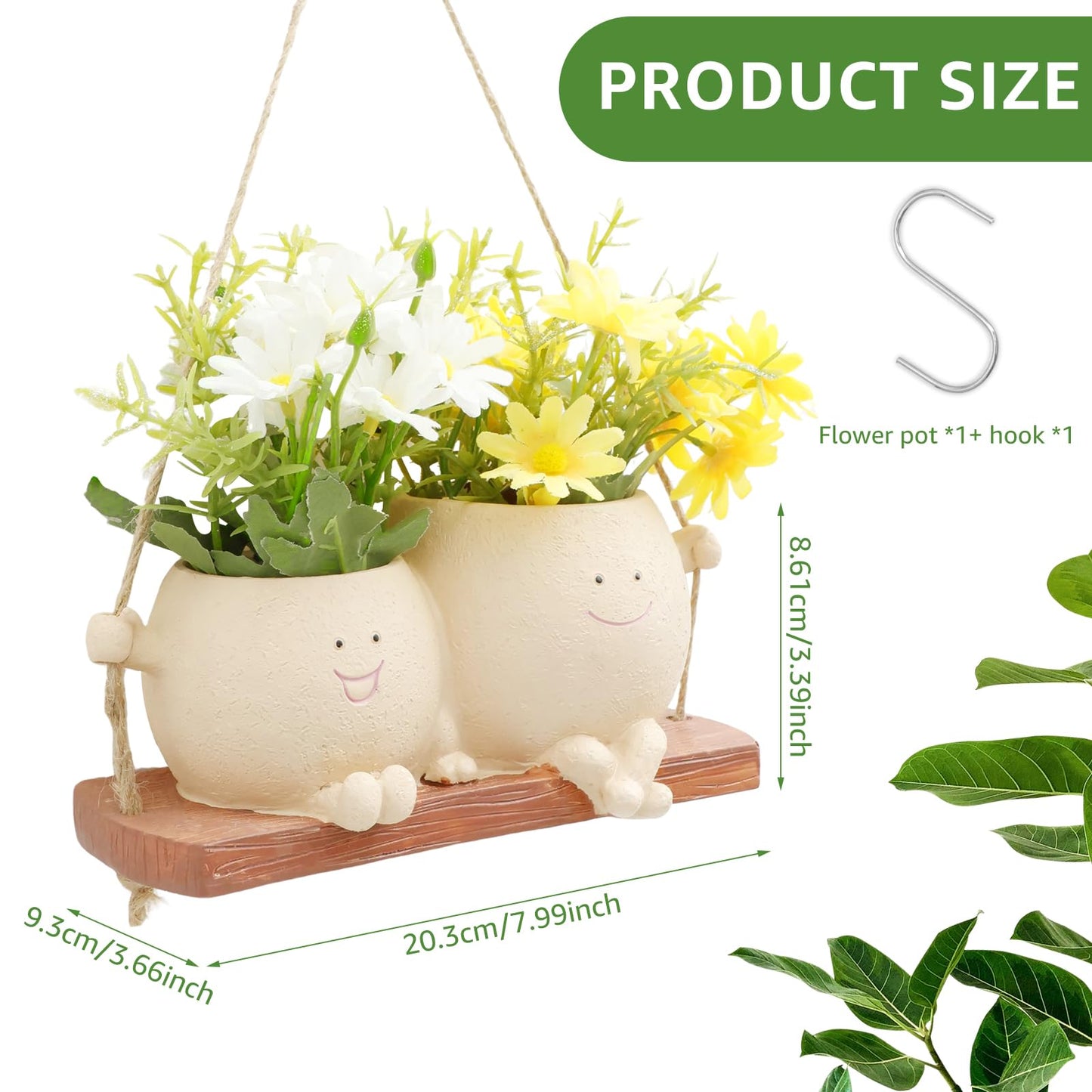 KarHoeGern Face Flower Pot Small Swing Face Hanging Planter Pots Swinging Succulent Cute Hanging Flower Pot Resin Head Planter for String Indoor Outdoor Plants Lovers Birthday