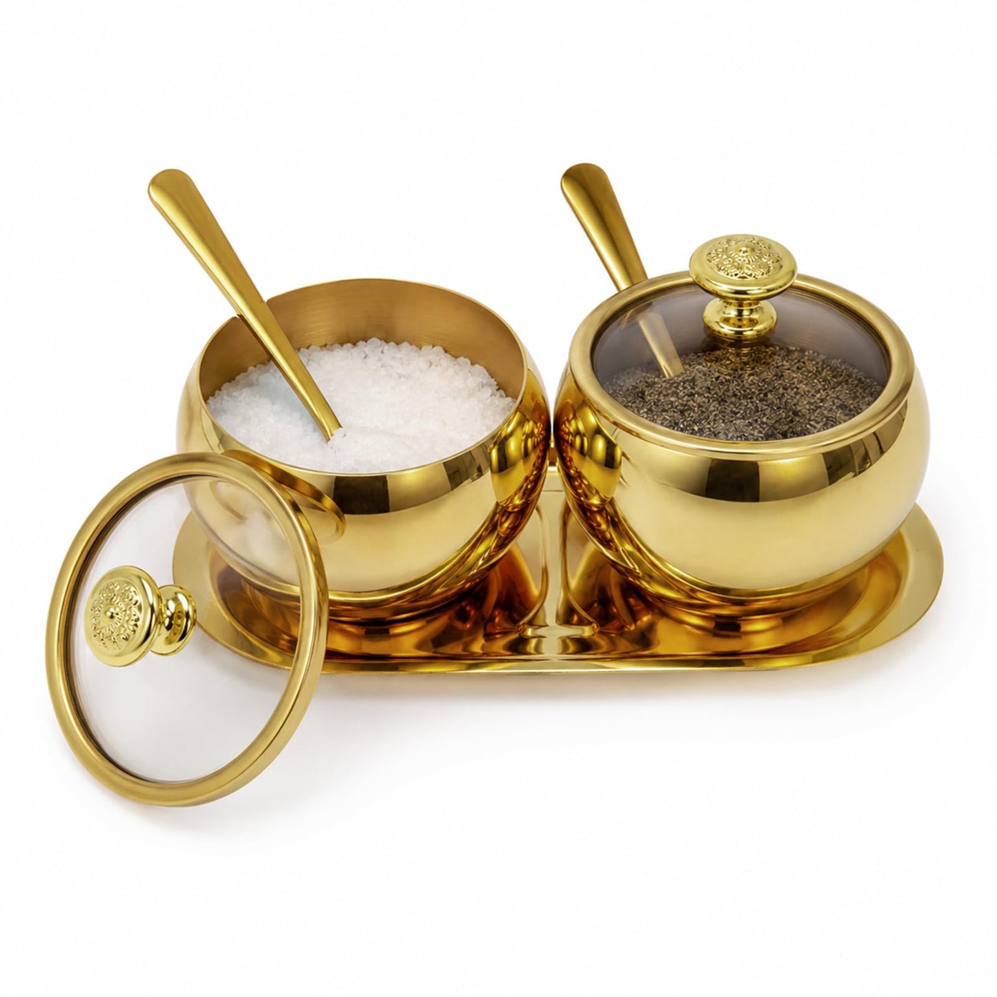 Toyosport 2 Pcs Stainless Steel Seasoning Jars with Tray, Spherical Sugar Container with Spoon & Clearn Lid for Salt, Pepper, 3.15 in Mouth, 3.54 in High, Coffee Bar Accessories, Gold