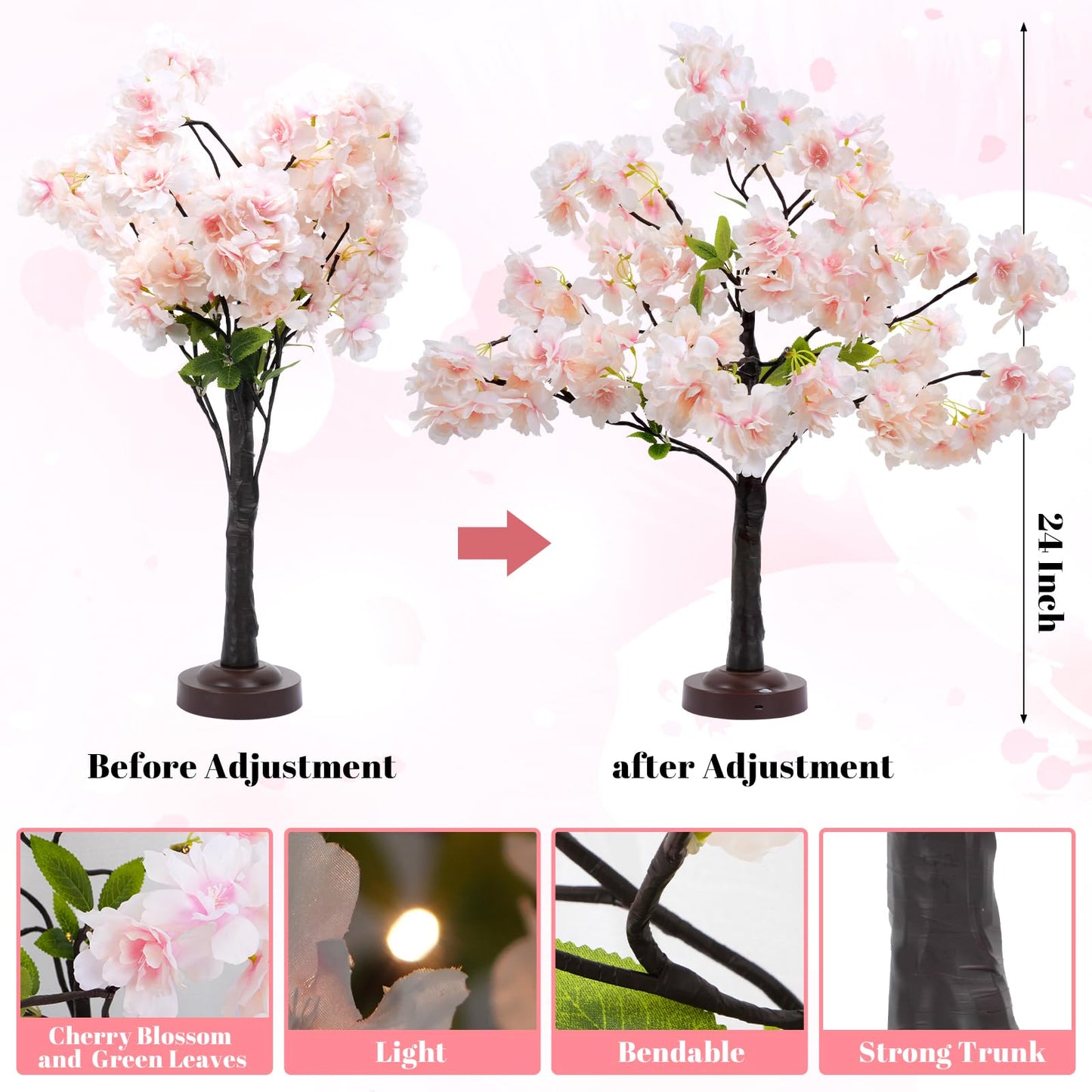 VirtuGro 24IN Cherry Blossom Tree Light, 36 LED Lights Tabletop Tree with Timer Pink Flower Tree Lamp with USB Plug or Battery Operated for Home Wedding Party Indoor Decoration