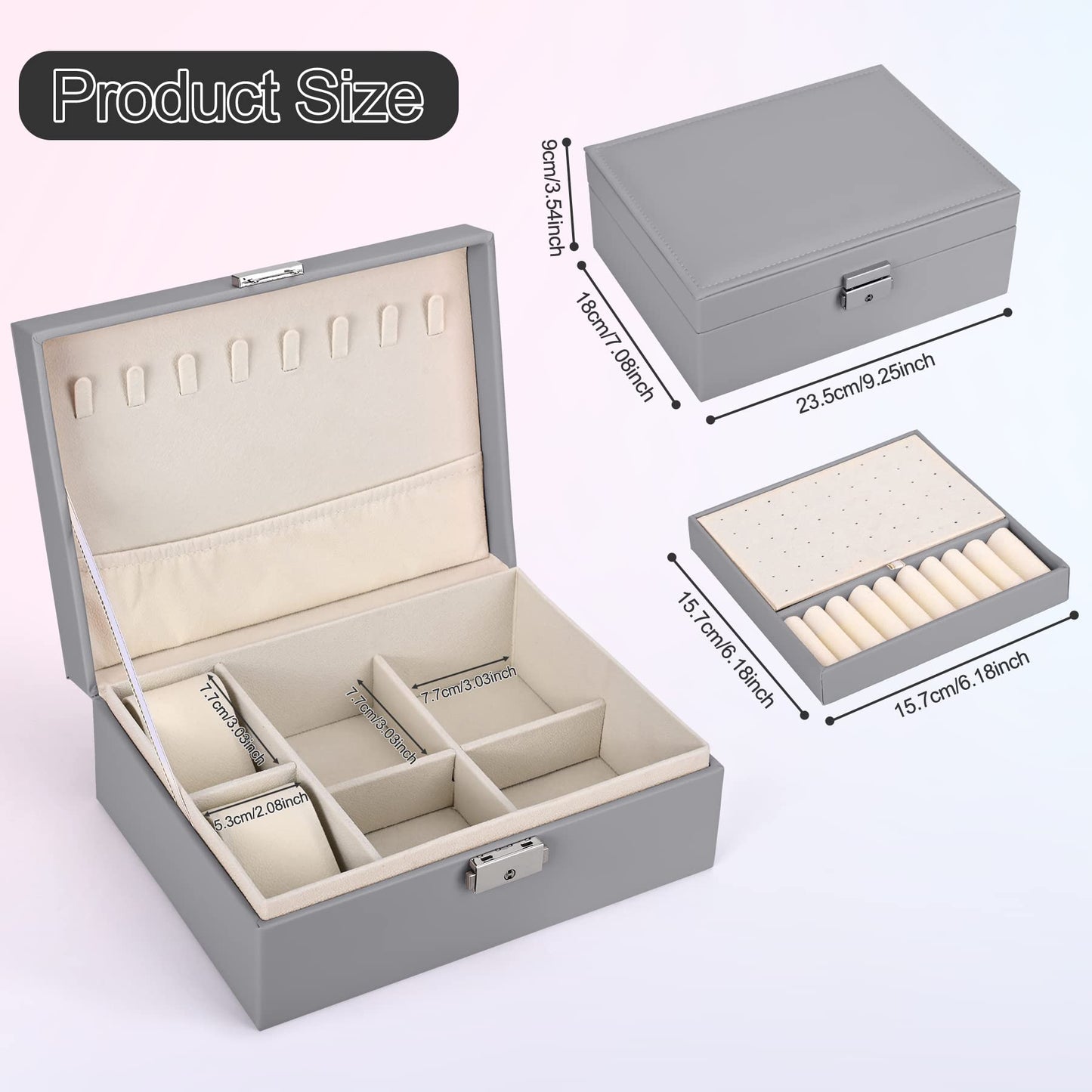 Pystuvo Jewellery Box for Women, 2-Layer Large Jewellery Organiser Box with 2 Watch Pillows, PU Leather, Travel Jewellery Organiser for Earrings Rings Necklaces Watches Bracelets,Grey