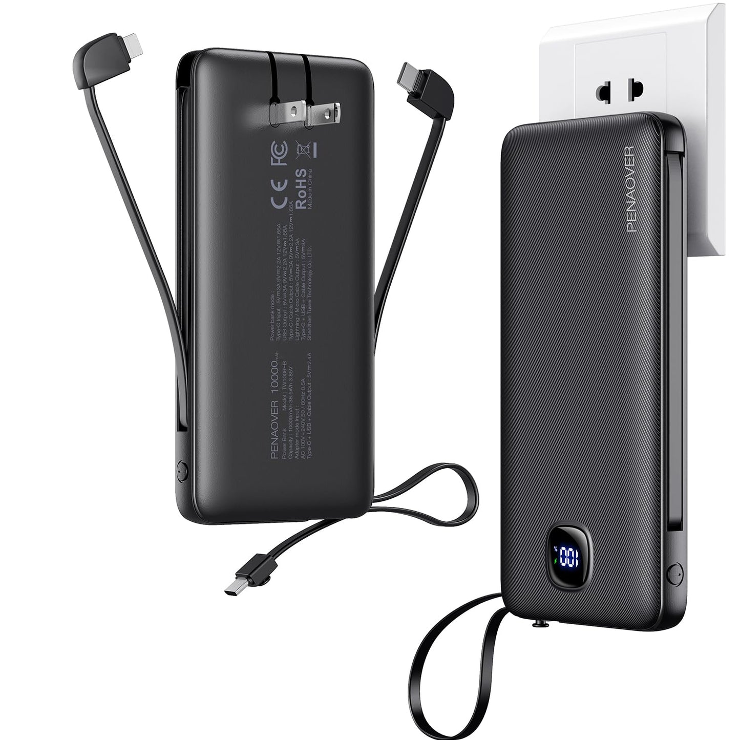 Portable Charger with Built-in Cables&AC Wall Plug,Slim 10000mAh 22.5W Fast Charging Power Bank,5 Output 2 Input USB-C External Battery Pack Compatible with iPhones,Samsung,Android, etc
