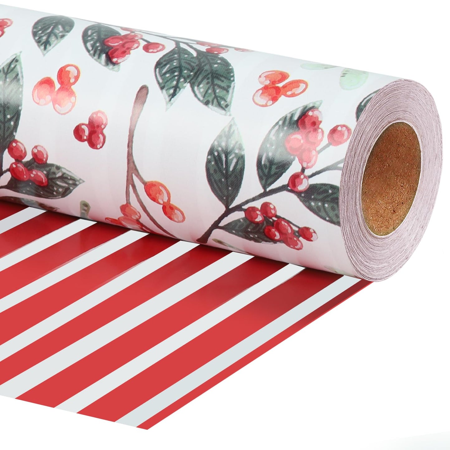 LaRibbons Reversible Christmas Wrapping Paper Roll, Vintage Red Berries & Red Stripe Gift Wrap for Christmas, Season Party, Xmas, 17 Inch x 33 Feet