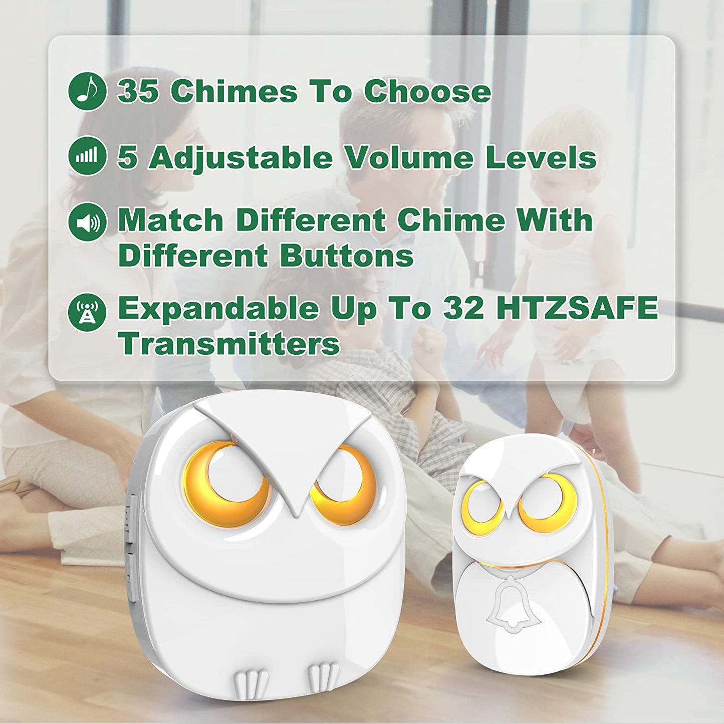 Wireless Doorbell, Cute Owl Doorbell Weatherproof IP55 Outdoor Remote Push Button- 1000 Feet Long Wireless Range, 1 Receiver + 1 Transmitter, Black