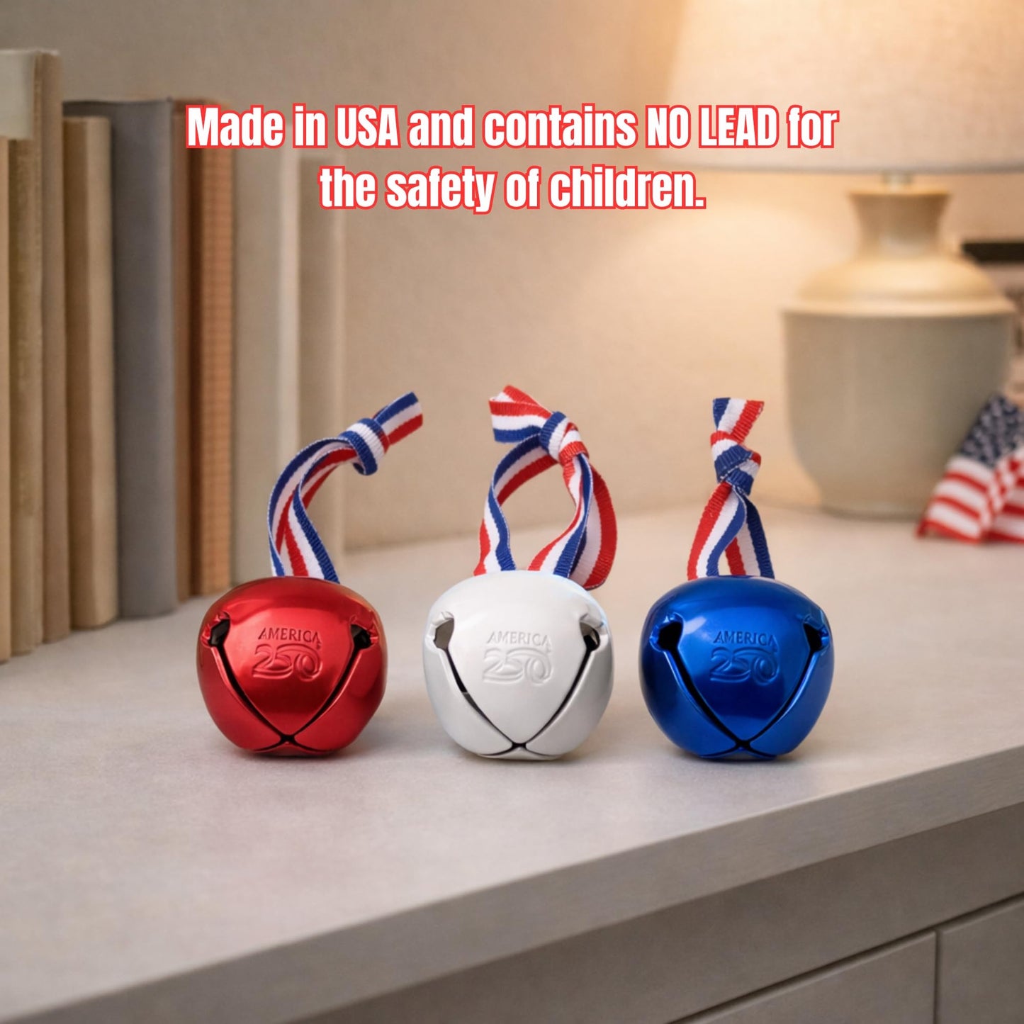 Bevin Bells Believe Sleigh Bells Ornament | America’s 250th Anniversary (3-Pack) | 1.5" Steel Jingle Bells in Red, White & Blue with Tricolor Ribbon & White Drawstring Bag | Gift Ideas | Made in USA