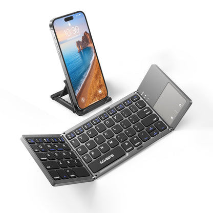 Samsers Foldable Bluetooth Keyboard with Touchpad - Portable Wireless Keyboard with Holder, Rechargeable Full Size Ultra Slim Pocket Folding Keyboards for Android Windows iOS Tablet & Laptop - Black