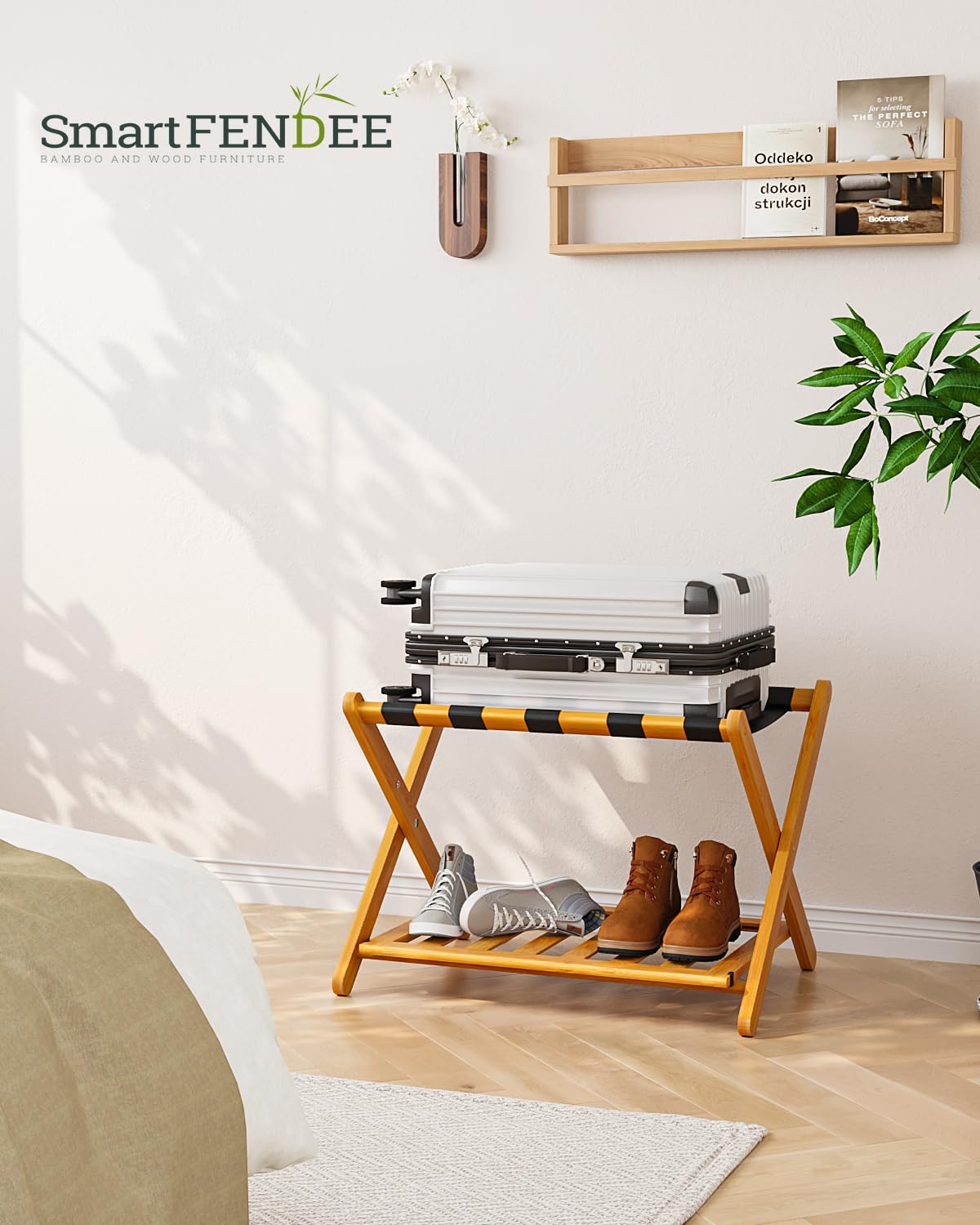 Smart FENDEE Pack of 2 Fully Assembled Bamboo Luggage Racks with Shoe Shelf, 5 Heavy-Duty Straps Folding Suitcase Stand, Luggage Holders for Guest Room Must Haves, Ideal for Bedroom, Hotel, Honey Oak