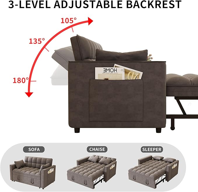 3-in-1 Convertible Sleeper Sofa Bed, 55 inch Small Couch