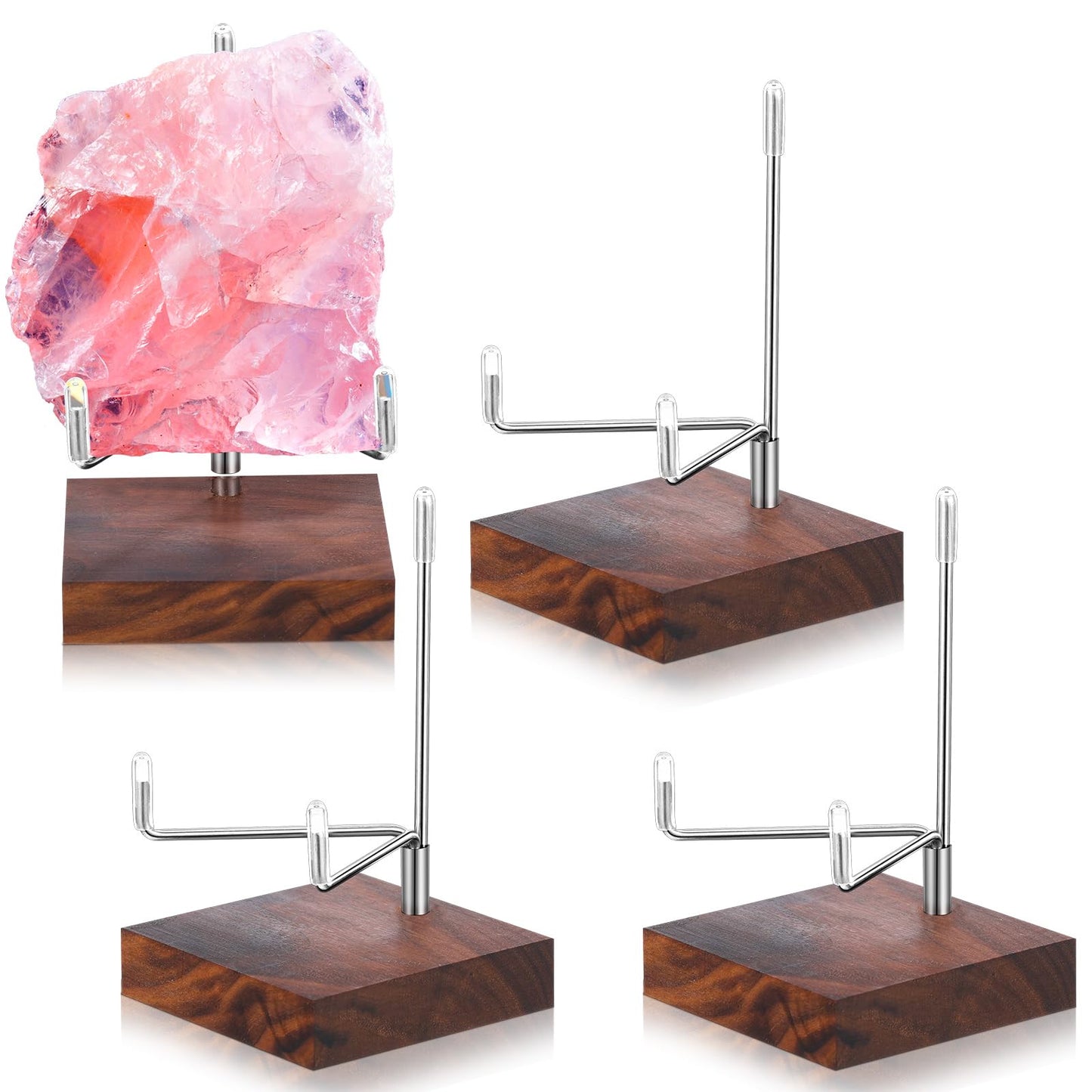 Wenqik 4 Pcs Crystal Display Stand Rock Display Stand Adjustable Metal Arms with Wooden Base Geodes Rock Agate Mineral Easel Holder for Collectibles(1.97 x 1.97 x 3.15 Inch,Silver)