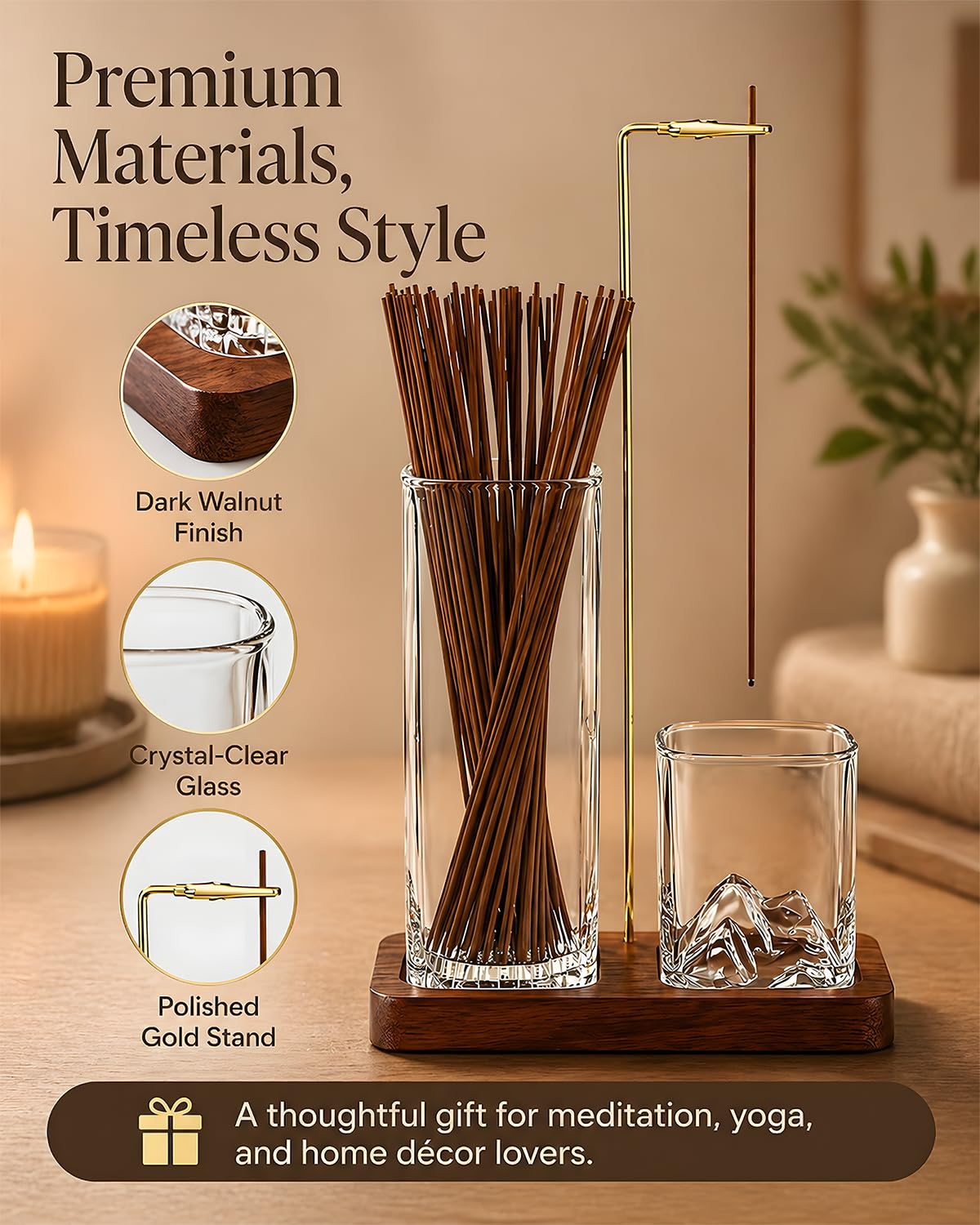 Incense Holder for Sticks, 2 in 1 Glass Incense Burner with Storage, Solid Sapele Wood Base, Removable Mountain Ash Catcher, Vertical Windproof Stand for Outdoor, Meditation (Dark Walnut)