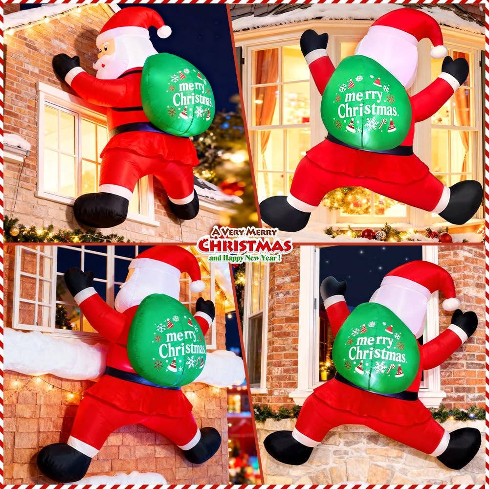 KOOY 6FT Christmas Inflatables Climbing Santa, Blow Ups Xmas Hanging Santa Outdoor Decorations with LED Light Up for Xmas Yard Outdoor Roof Christmas Decorations