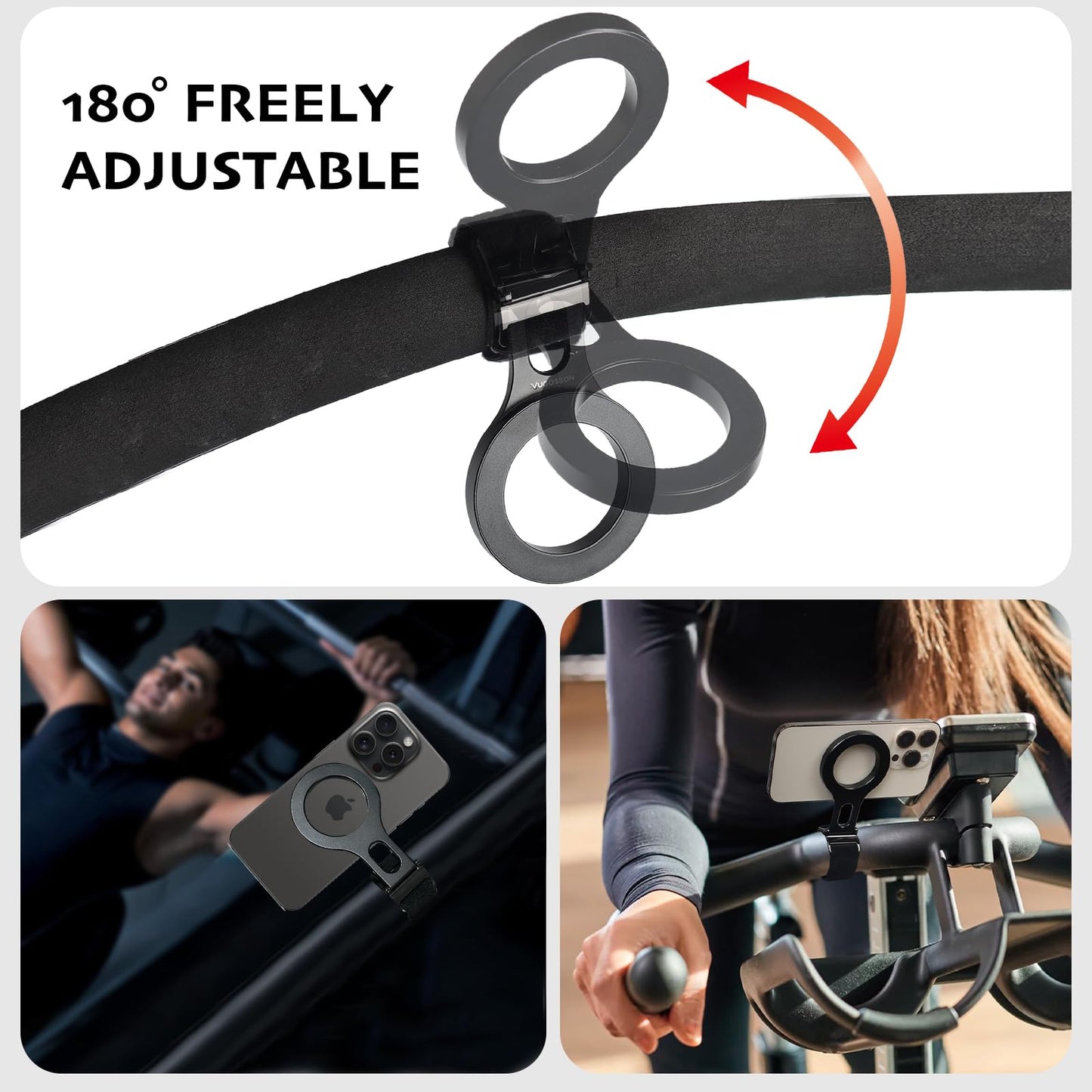 Magnetic Phone Holder for Stroller Bar, Compatible with MagSafe (Strong Magnet) - 180° Adjustable for Gym, Home Fitness Bikes, Shopping Cart, with Adjustable Strap, All Phone (Magnetic Ring Included)