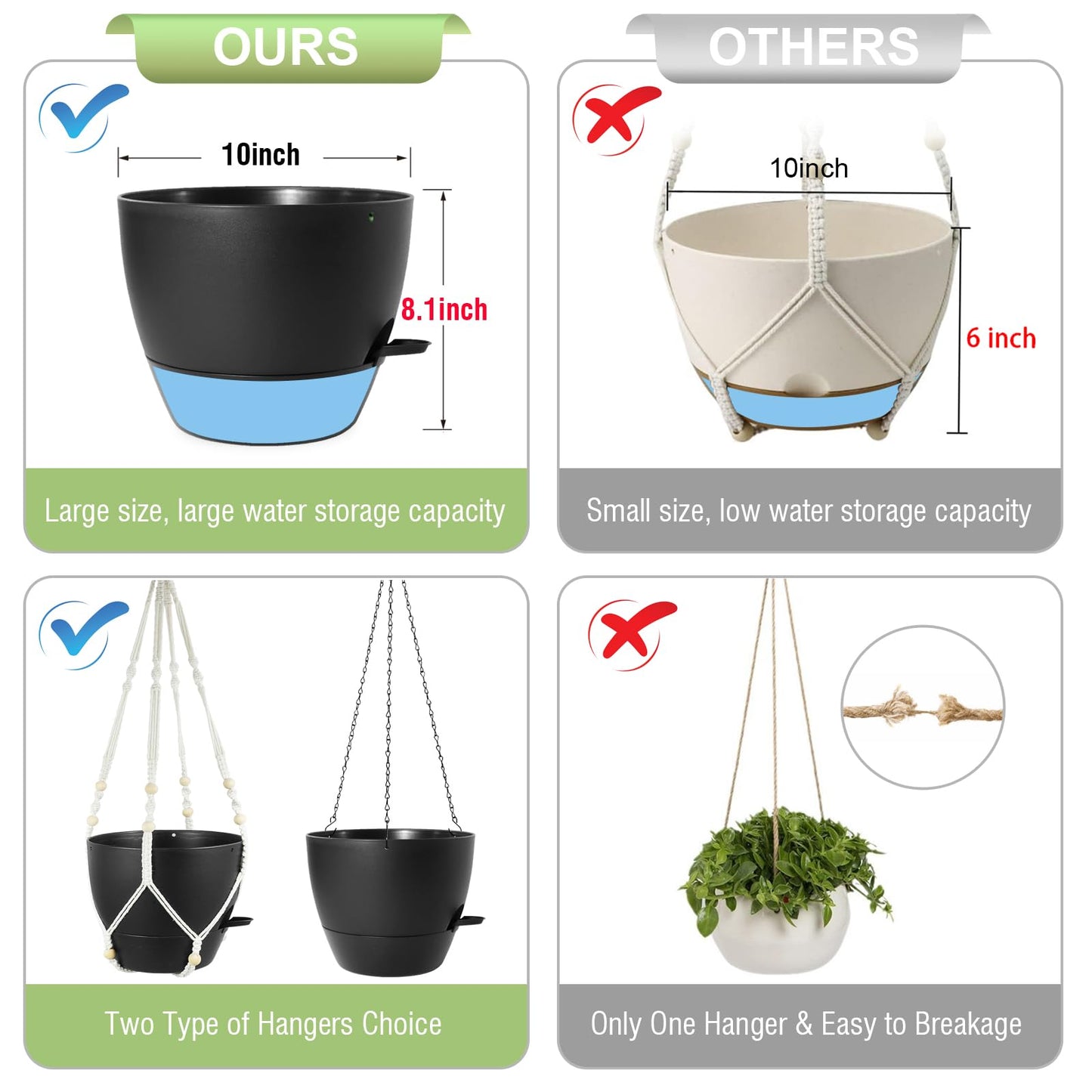 Meowell 10 inch Self Watering Hanging Planters, 2 Pack Hanging Baskets for Indoor Outdoor Plants, Hanging Flower Pots with Drainage Holes & 2 Kinds of Plant Hangers for Garden Home Decor, Black