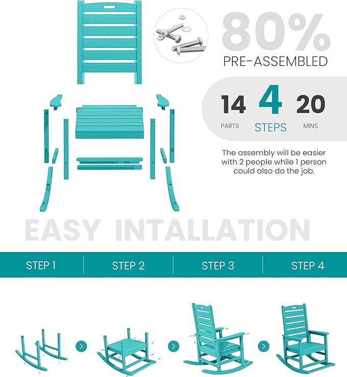 SERWALL Outdoor Rocking Chair, Oversized Rocking Chair with Footrest for Adults, HDPE All Weather Resistant Rocking Chairs for Patio, 350lbs Weight Capacity, Aruba