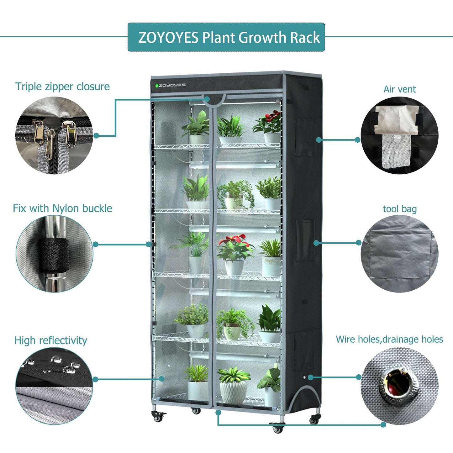 ZOYOYES Indoor Greenhouse 6-Tier Plant Rack with Cover, 5 T8 Grow Lights, Thermometer & Timer – Seedlings, Flowering, Herbs & Vegetables, Indoor Gardening, Easy Assembly 30" W x 14" D x 72" H
