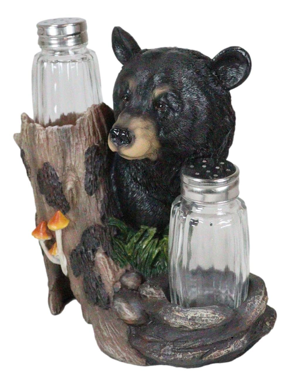 Ebros Gift Whimsical Black Bear By Toadstool Mushrooms Tree Branch Forest Woods Salt And Pepper Shakers Holder Figurine Set Rustic Bear Cabin Lodge Decor