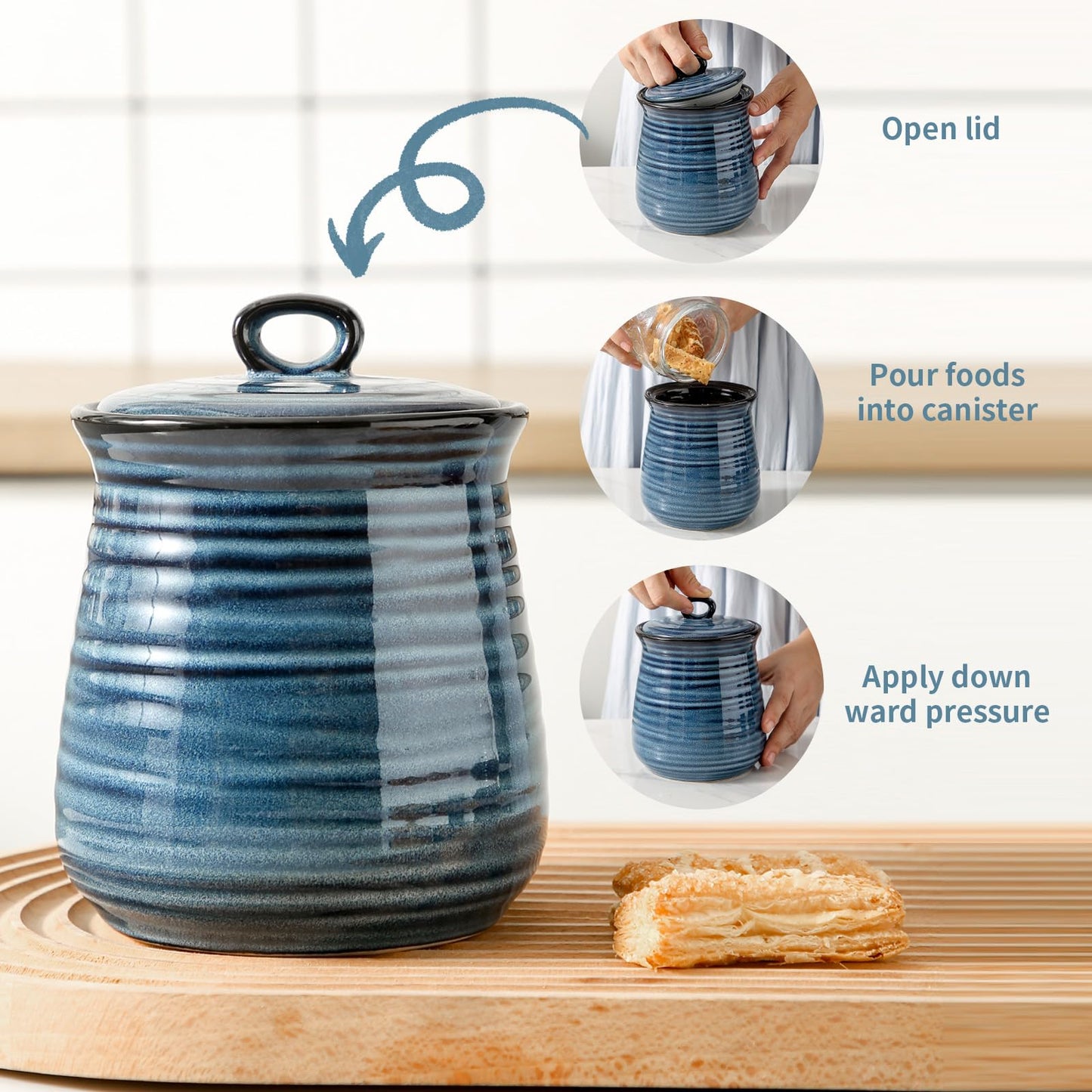 HASENSE Ceramic Food Storage Jar with Airtight Seal Lid, 35 Ounce Kitchen Canister Container for Cookie, Ground Coffee, Pasta, Cereal, Flour, Sugar, Rice, Seasoning and Pet Treat, Navy