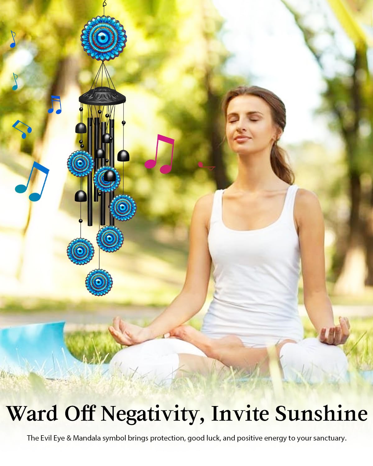 Evil Eye Wind Chimes for Outside Boho Decor, Large 35.4" Anti-Tangle Clapper-Free Tube Windchime, Radiant Sunflower Mandala Patio Ornament, Soothing Melodic Metal Bells for Garden, Yard, Balcony