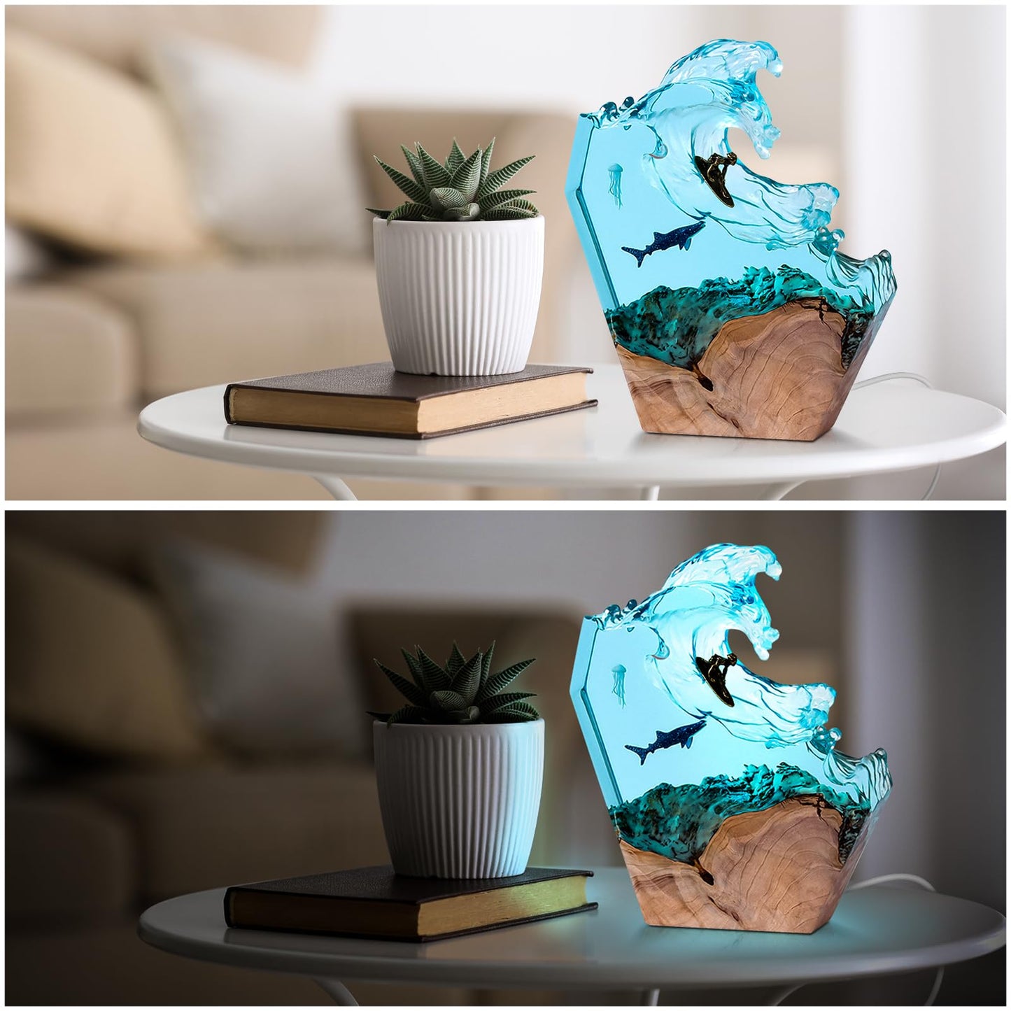 dcvbny Resin LED Ocean Surfing Night Lights,Handmade Wooden Epoxy Resin Bedside Table Lamp,3D Art Ornaments Office Bedroom Room Party Decor for Surfer Men Women Boys Girls (10-inch Surfing)