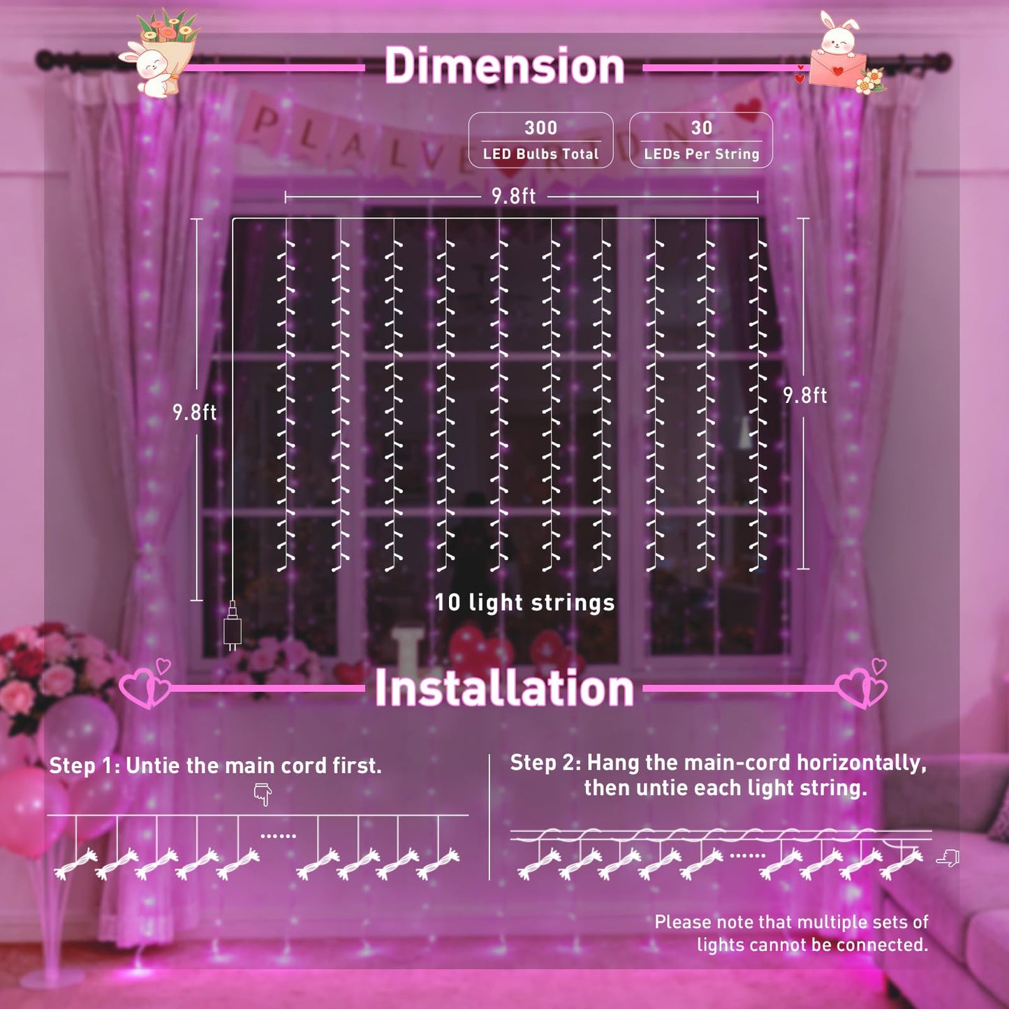 JMEXSUSS 300 LED Curtain Lights Plug in with Remote, Pink String Lights for Bedroom, Christmas, Window, Wall, Party, Teen, Girls' Room, Dorm, Valentine's Day Indoor Outdoor Decor, 9.8X9.8ft