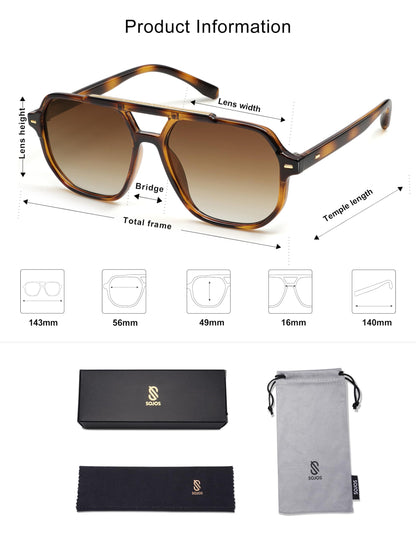 SOJOS Retro Trendy Aviator Polarized Sunglasses Men Women Vintage 70s Square Stylish Frame Sun Glasses SJ2283 Tortoise Brown Grading Lens
