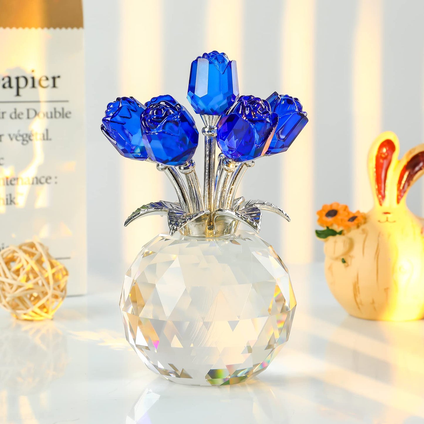 Blue Rose Flower Crystal Figurine with Vase, Bouquet Flowers Ornament Gifts for Wife Girlfriend Women , Handmade Crystal Flower Collectible Home Table Decor for Valentine's Day Wedding Anniversary