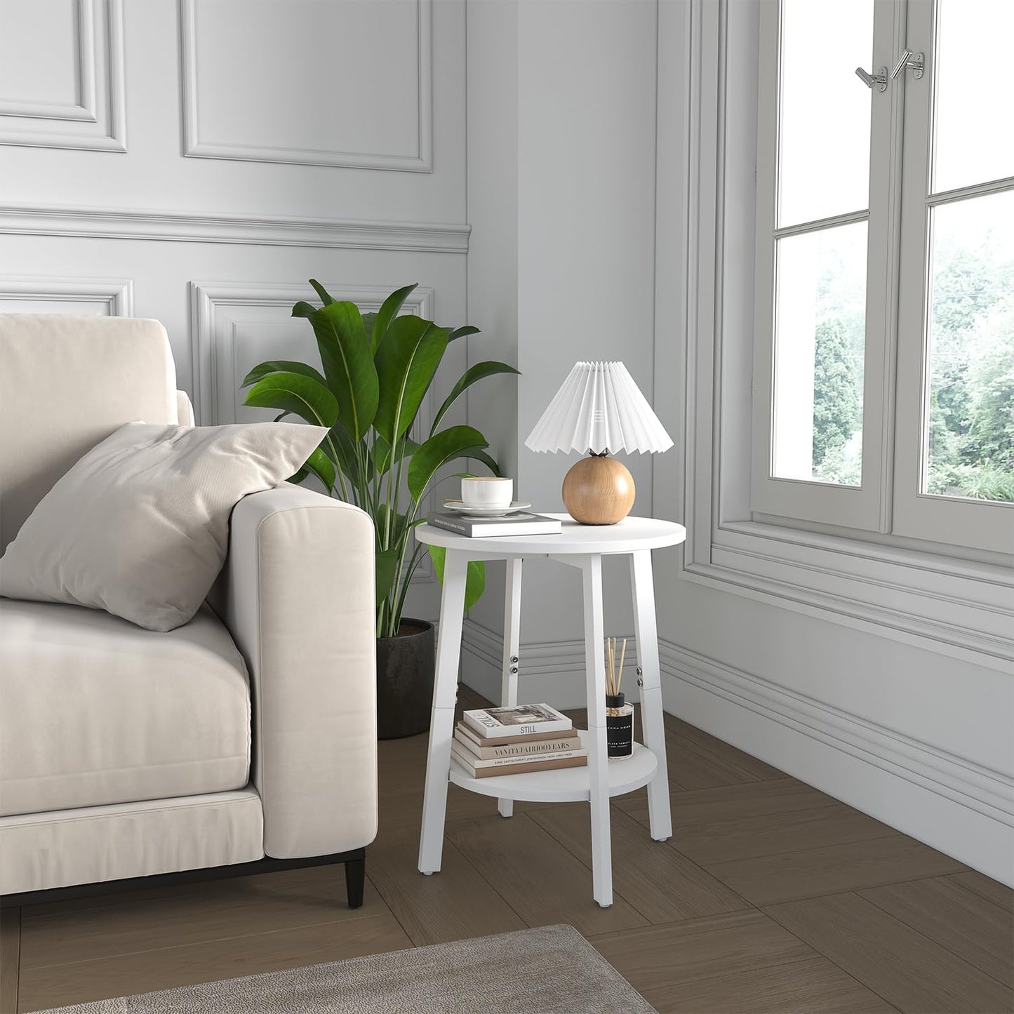 sthmec Side Table, Small Round End Table with Storage Shelf for Small Space, 2-Tier Bedside Table Sofa Couch Table, Round Accent Table Nighstands for Living Room, Bedroom,White