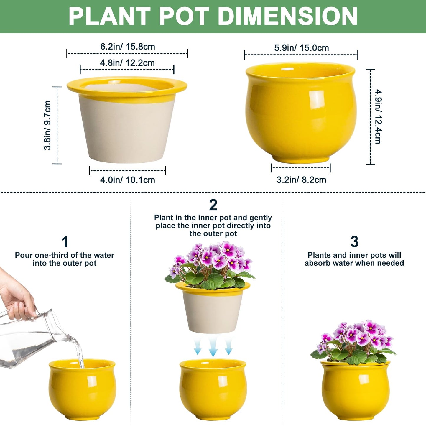Teagas Ceramic Self Watering Planters, 6 Inch African Violet Pots for Indoor Outdoor Plants, Ceramic Plant Pot with Absorbent Inner Pot, Round Flower Pots, Living Room Decor, Gifts for Women, Yellow